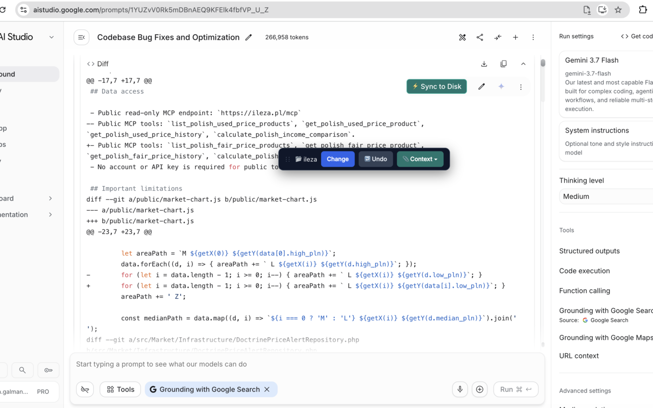 Sync to Disk and Context controls inside Google AI Studio