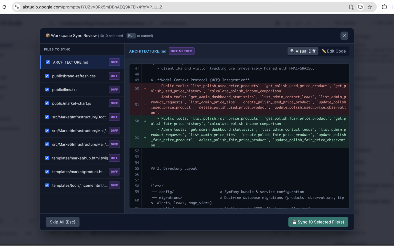 AI Studio Local File Sync extension showing a multi-file diff review
