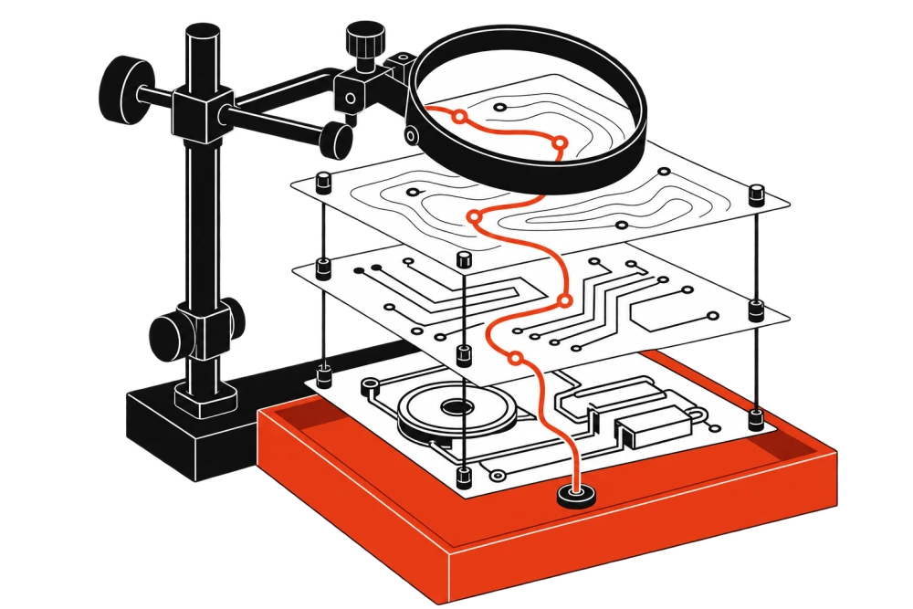 An inspection lens examining a stack of red and black evidence plates.