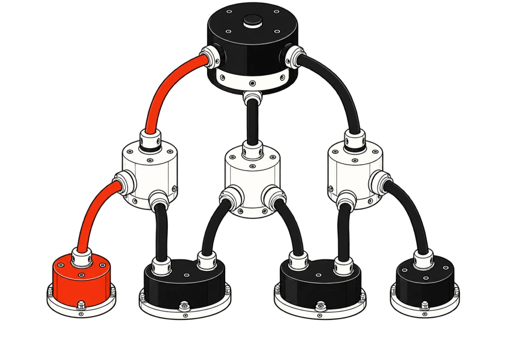 A branching network of mechanical hubs with one delegation path highlighted in red.