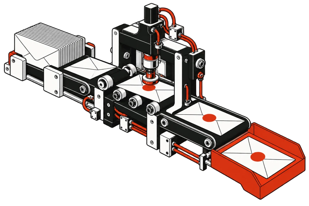 An envelope passing through a mechanical authentication gate and receiving a red identity seal.