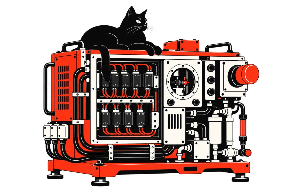 A black cat supervising a red inspection machine with lenses, cables, and diagnostic instruments.