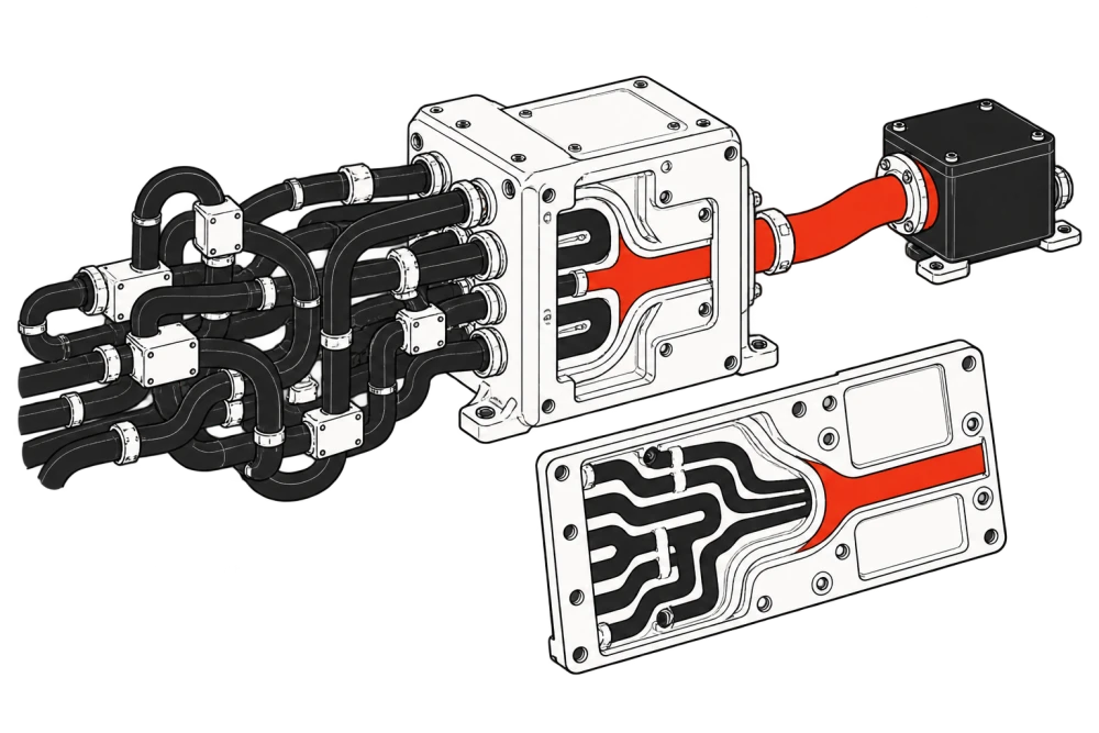 A routing junction turning several black pipes into one clear red connection.