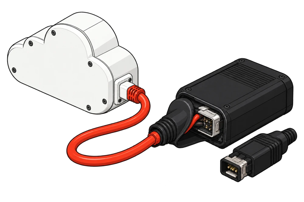 A cloud terminal connected to a retired adapter with an exposed connector.